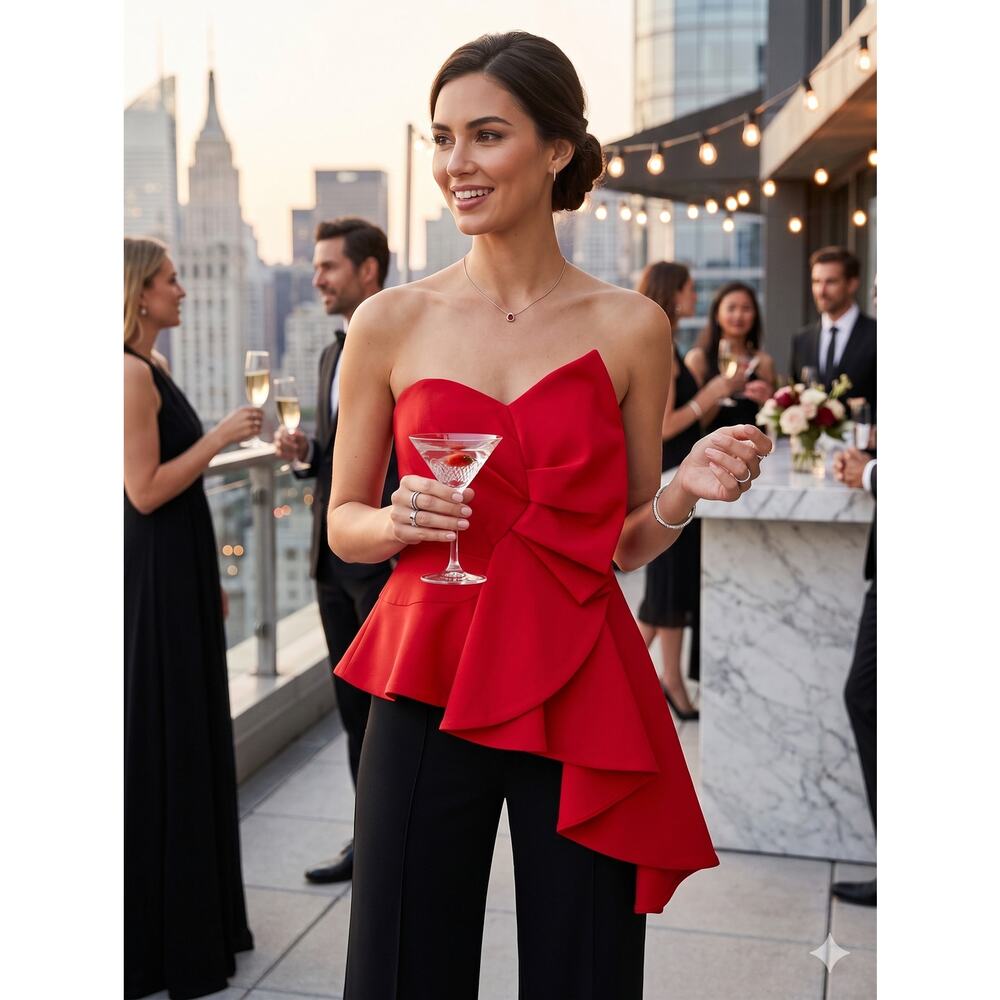 DO+BE Red Asymmetrical Peplum Top Strapless Ruffle Statement Cocktail Blouse Med